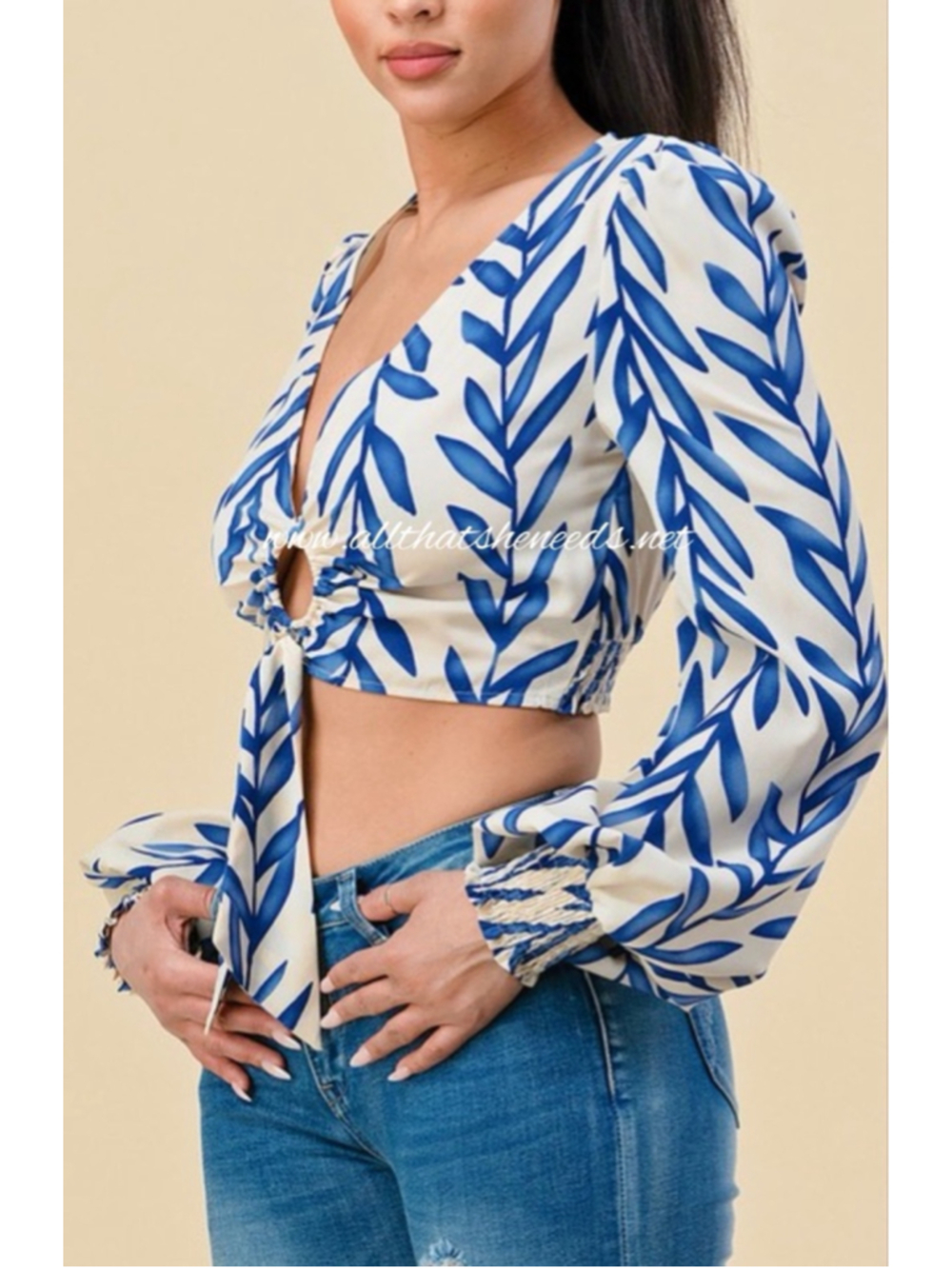 THE SANG Blue Gray Leaf Print Tie Front Crop Top Medium